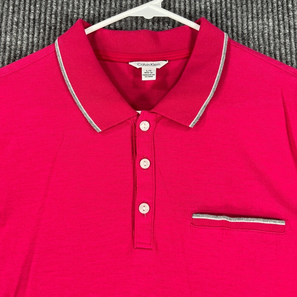 Calvin‎ Klein Mens Shirt Polo Large Pink Short Sleeve Pocket Lightweight Preppy
